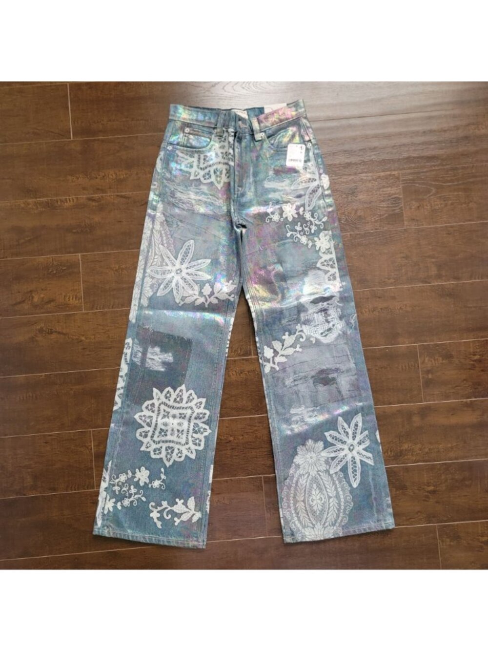 Free People Tinsley Baggy Jeans Lace Luster Iridescent Fairy Festival Womens 25 - Picture 3 of 10
